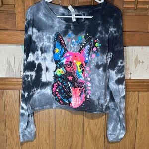 Black‎ tie-dye long sleeve cropped top with German Shepherd dog design Size XL